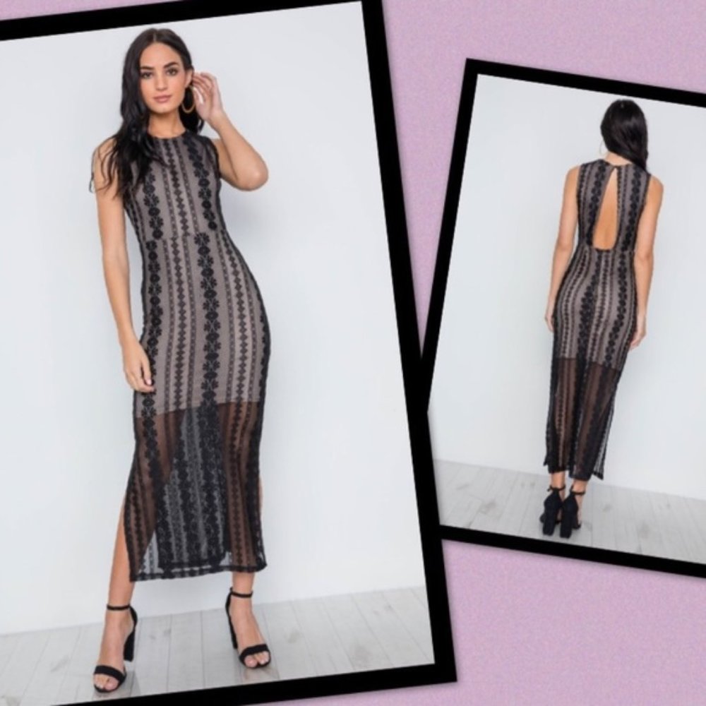 Black Lace Contrast Pencil Dress Sleeveless Small